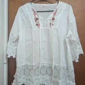 White Embroidered Lace-Trim Boho Blouse